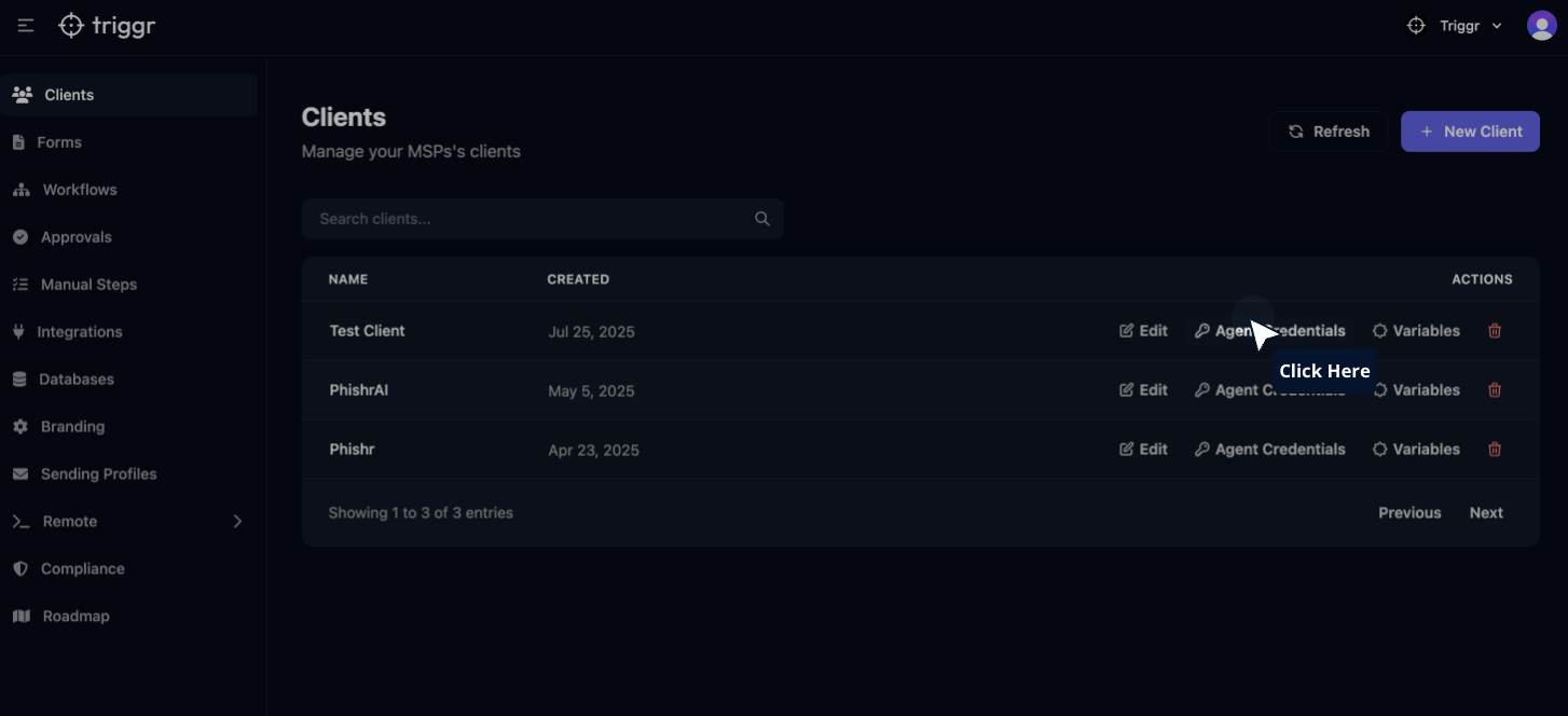 Click on "Agent Credentials" for the client you want to link the desktop agent to
