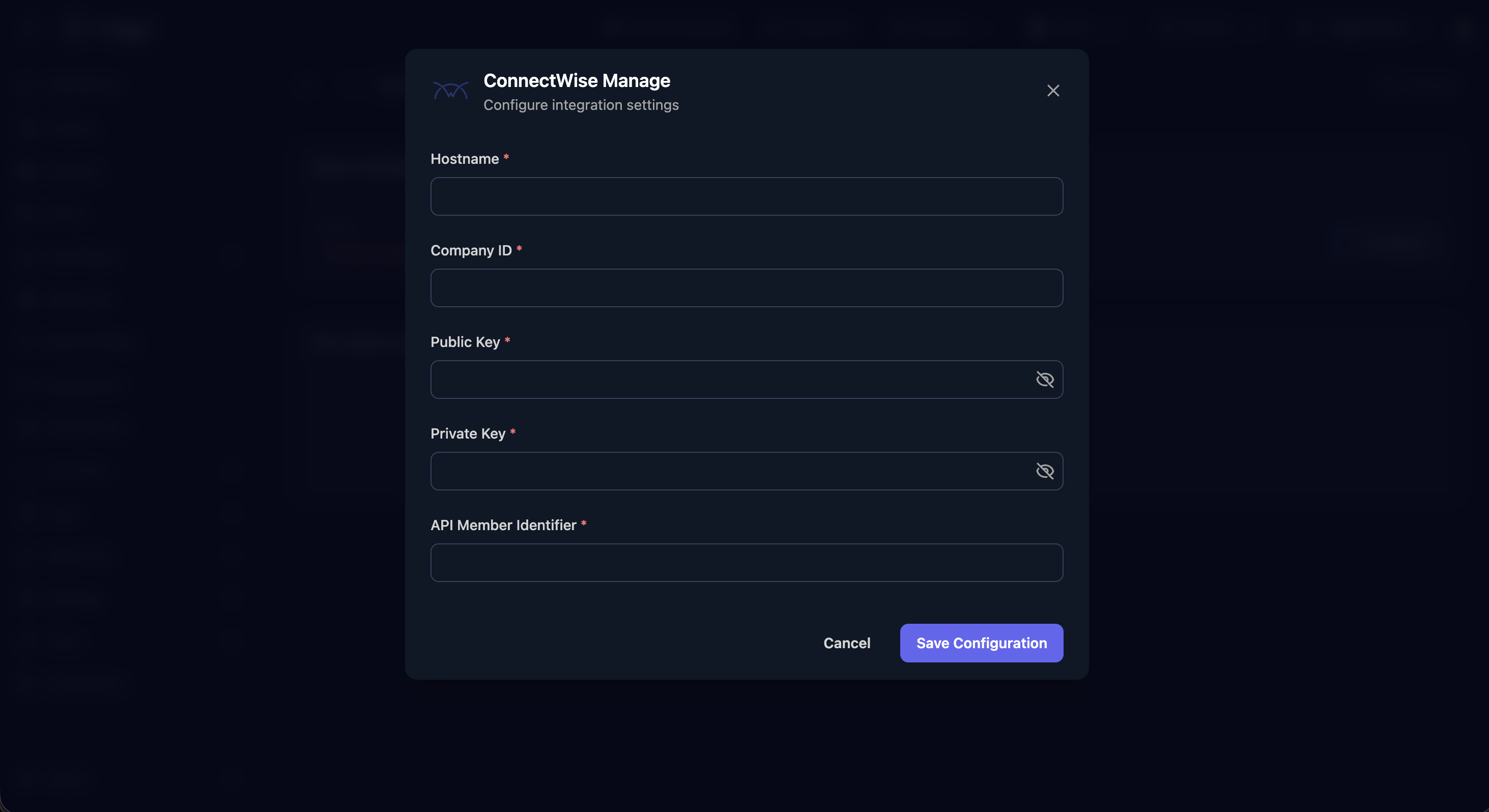 ConnectWise Manage Configuration Modal